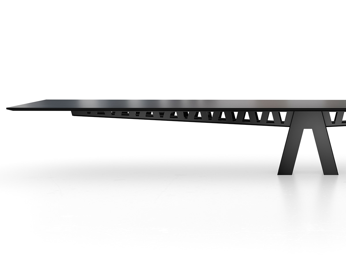 Equilibrium conference table with exposed truss. 