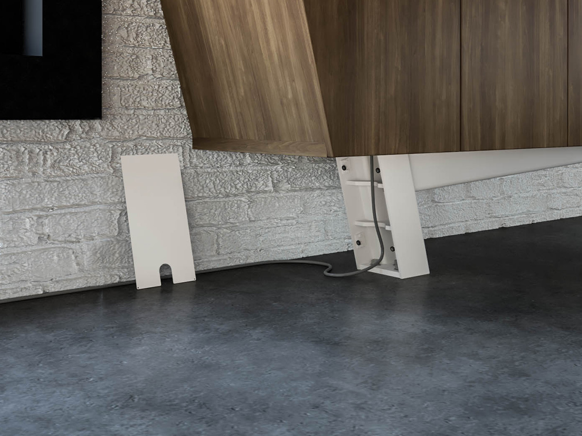 Equilibrium credenza with power routing. 