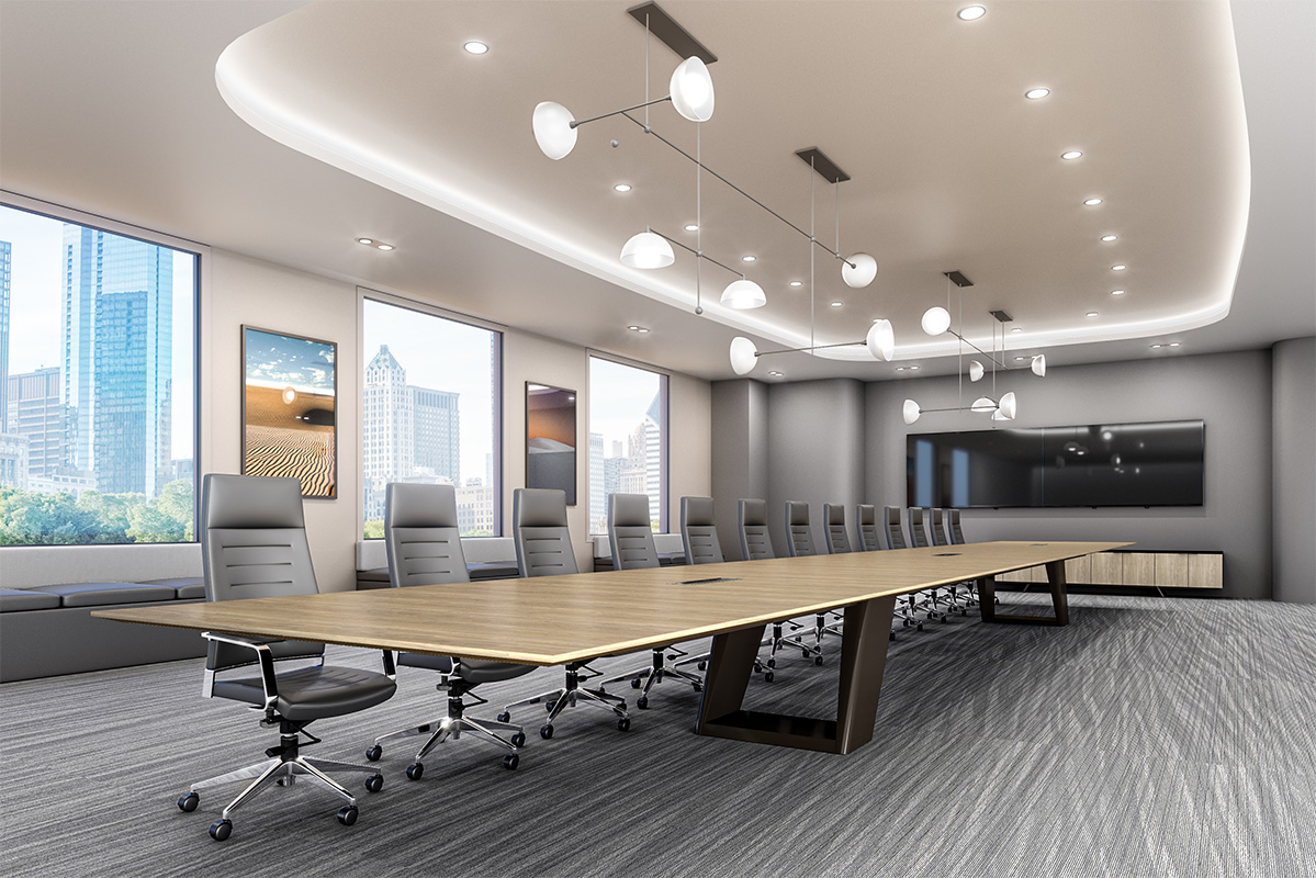 Expanse table in a conference room. 
