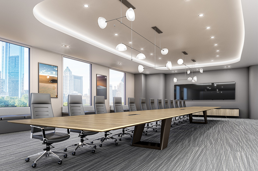 Expanse table in a conference room. 