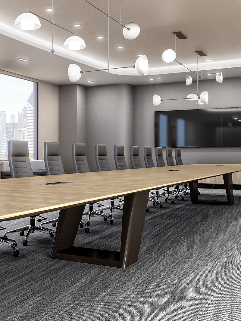 Expanse table in a conference room. 