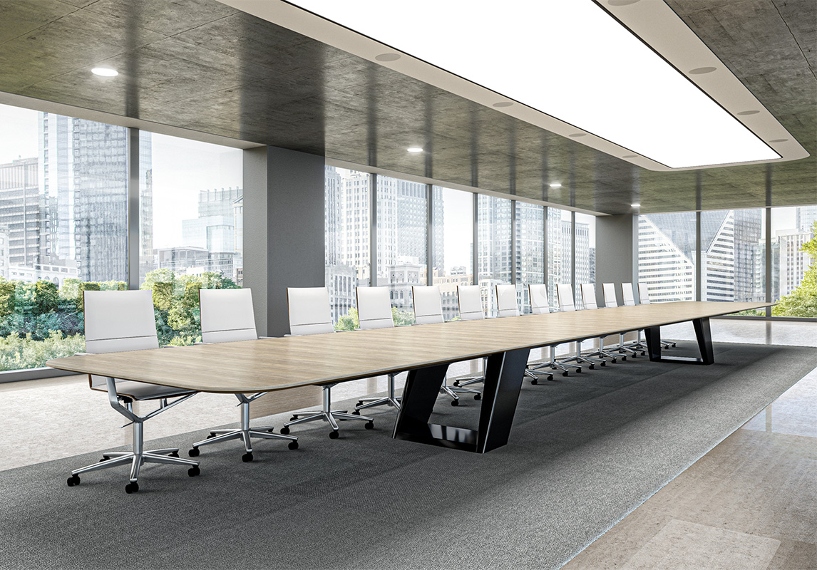 Expanse table in a conference room. 