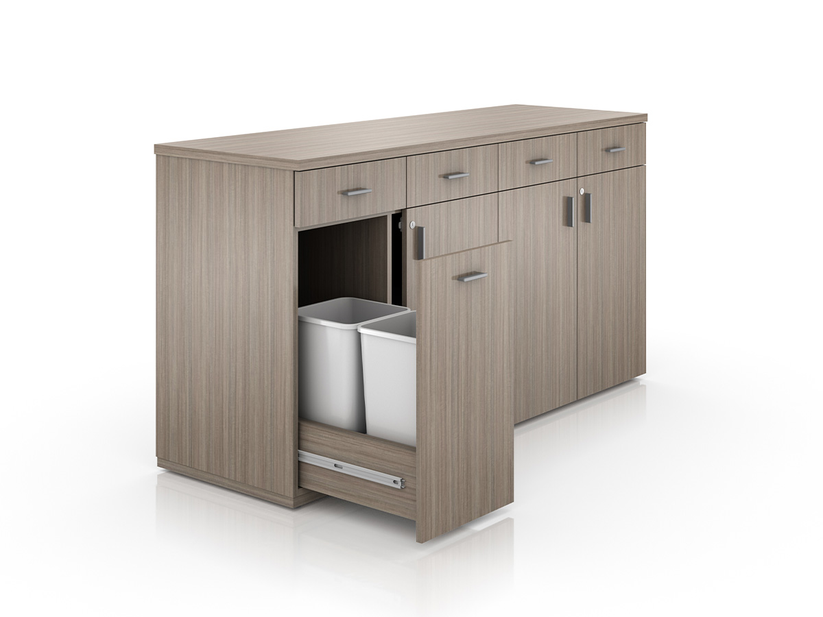 Foundation credenza with trash bin. 