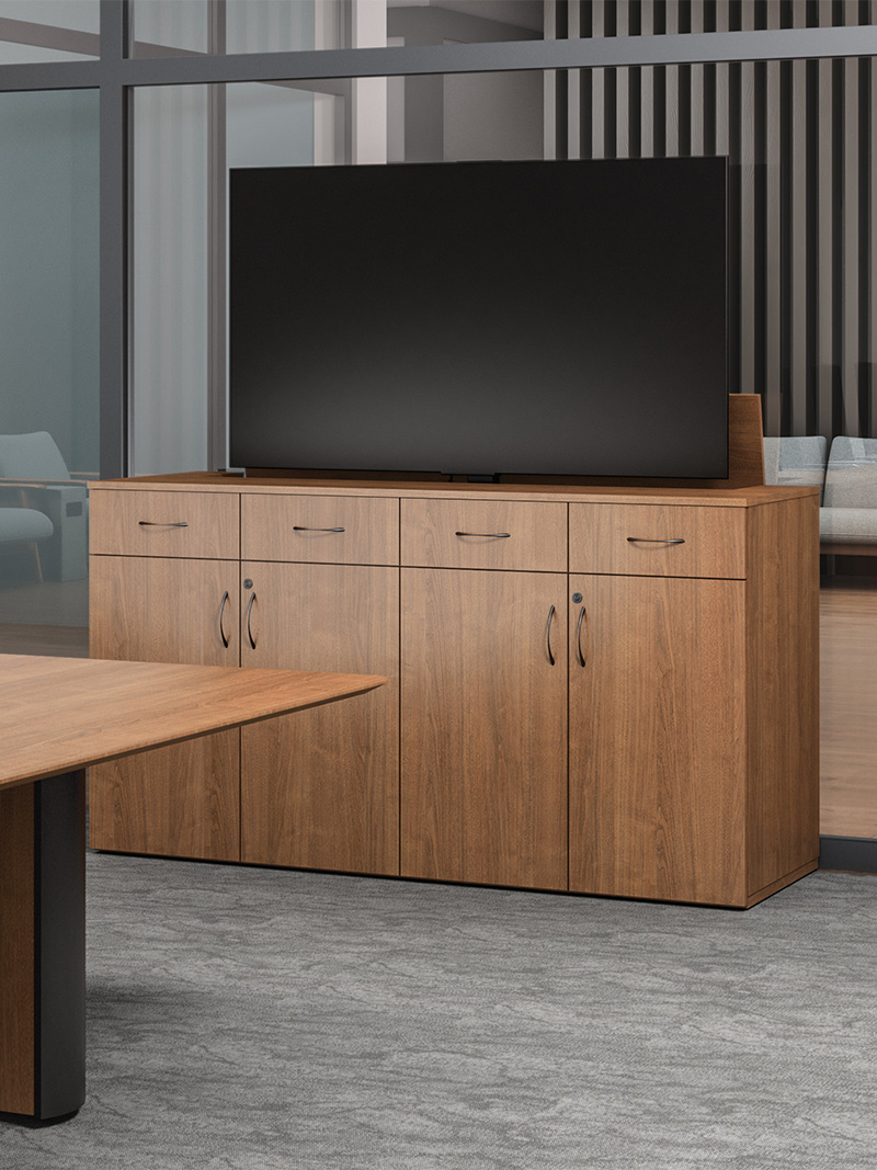 Foundation Monitor Lift Credenza in conference room