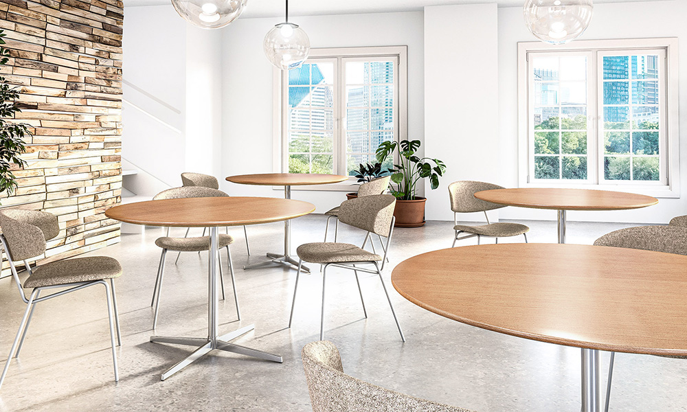 Polished Aluminum Kinsey Cafe tables in Cafe space