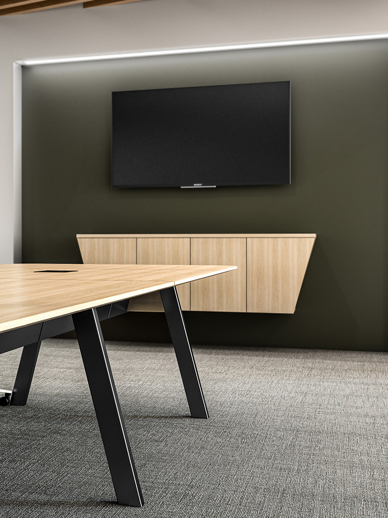 Conference room with Wall-Mounted Tapered Credenza with TV above