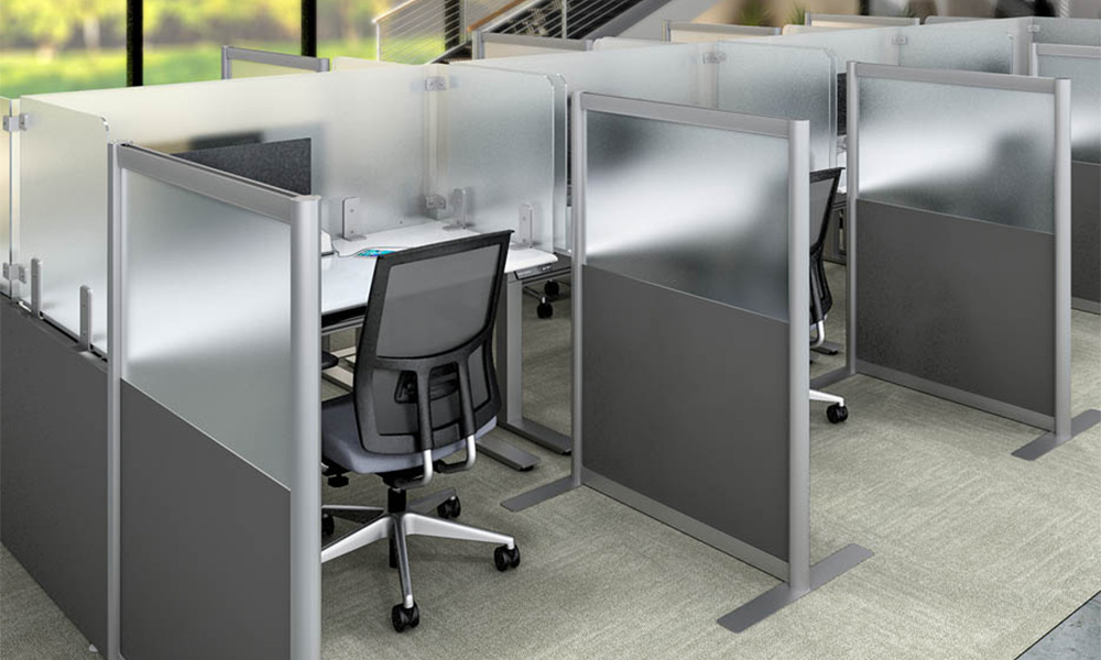 Open-plan office setup featuring Zori Freestanding Screens