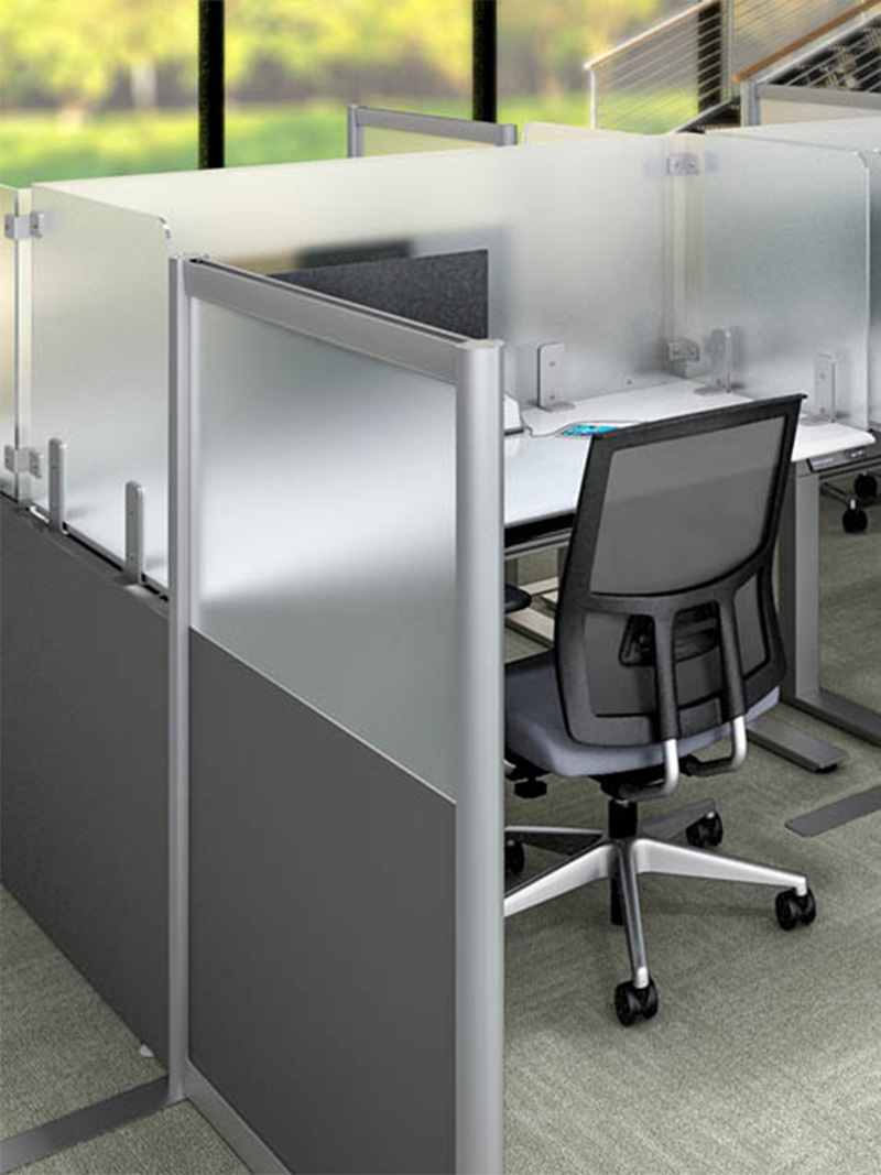 Open-plan office setup featuring Zori Freestanding Screens