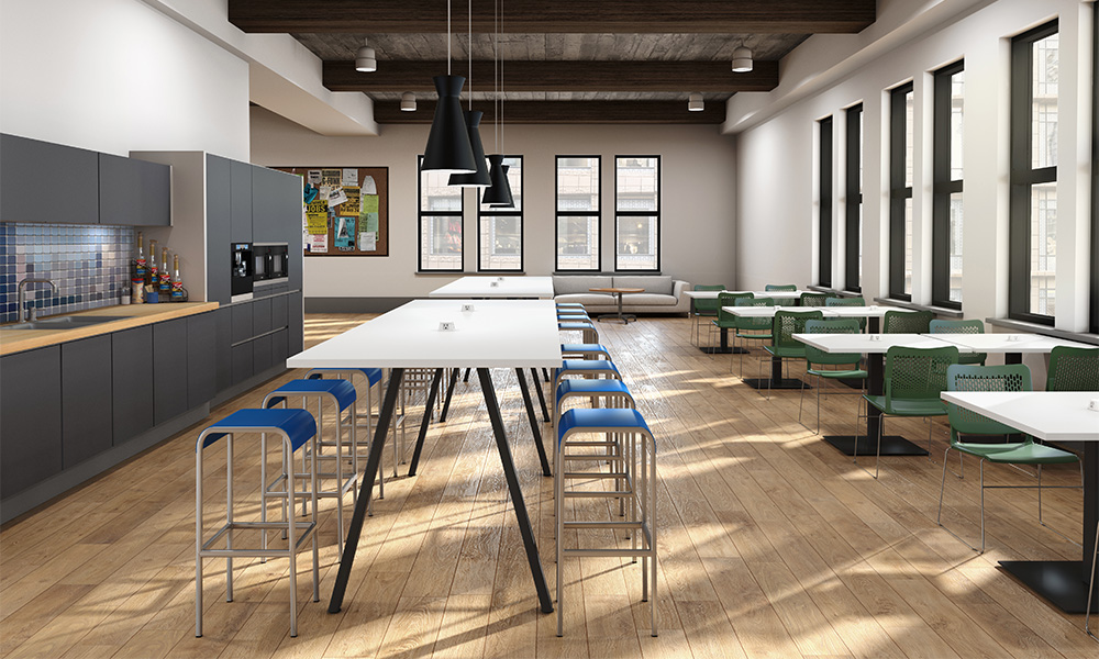Sawhorse tables in cafe application