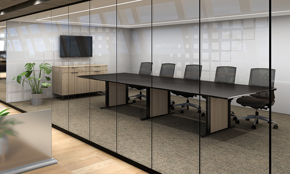 Solano Conference table in conference room with Zori Credenza