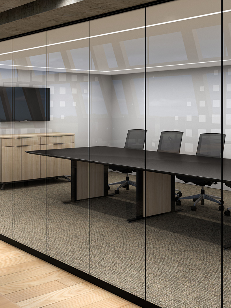 Solano Conference table in conference room with Zori Credenza