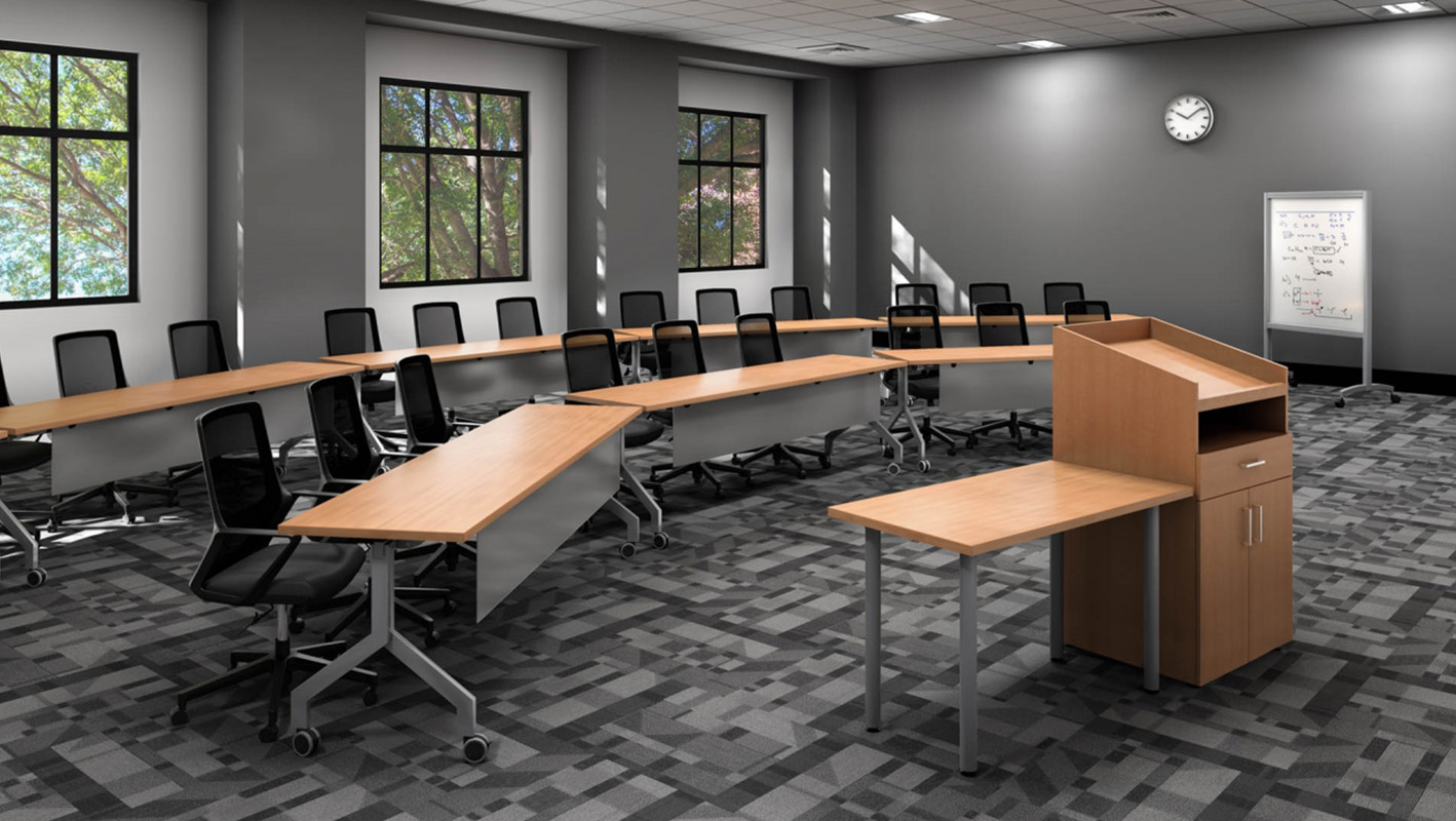 Foundation lectern and Ritz tables in a classroom. 