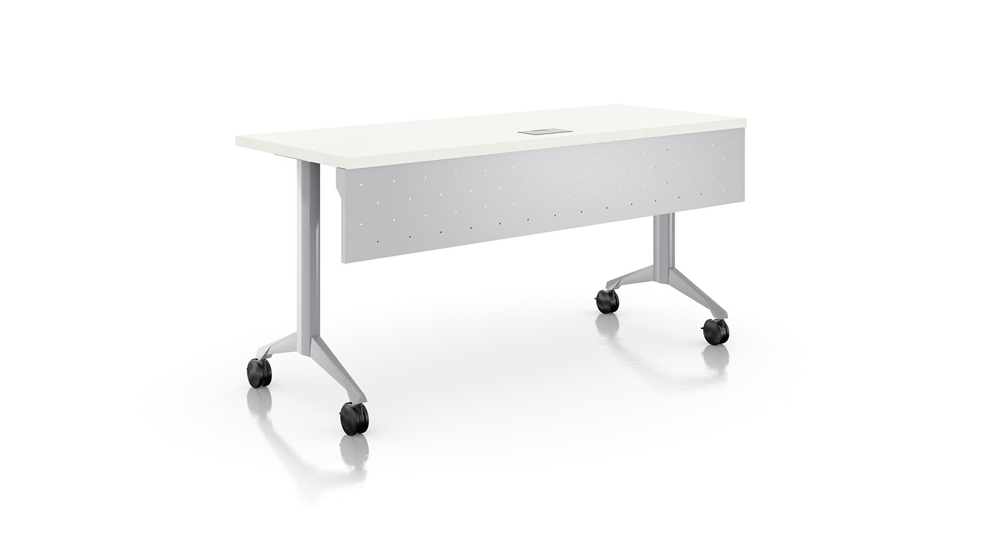 Zori Flip table with perforated modesty panel against white background