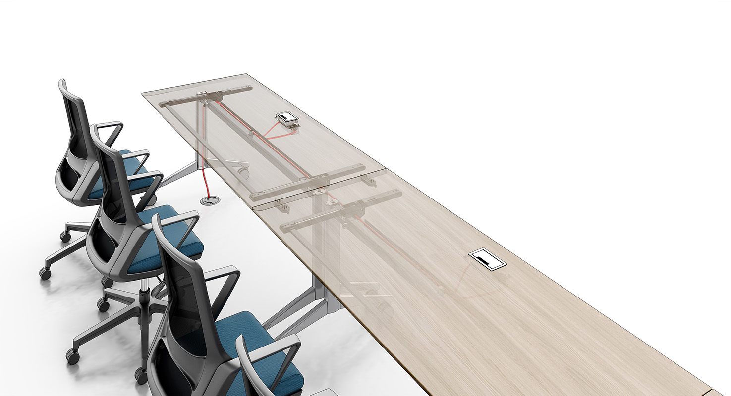 Zori Training tables with power and wire management against white background