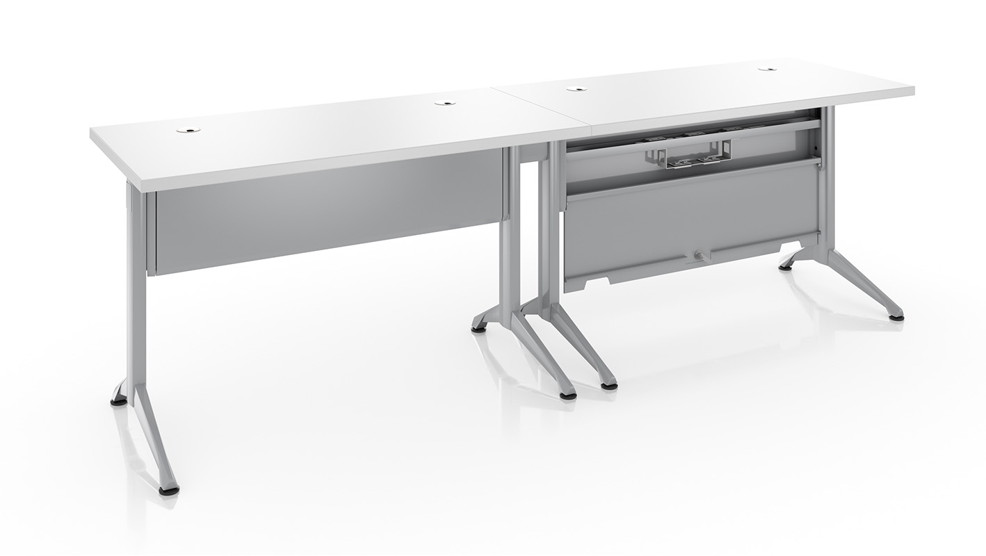 Zori Powerlex table revealing cable management in panel against white background