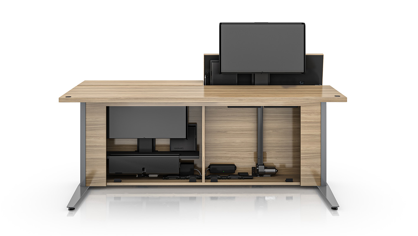 Double-User Zori Monitor Lift table with exposed internal tech and wire management against white background