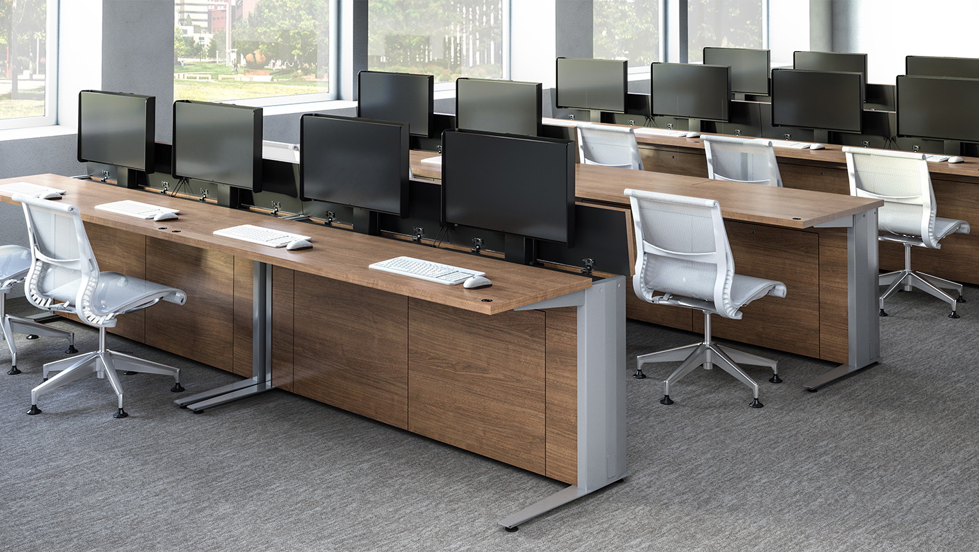 Double-user Zori Monitor Lift tables in tows for computer lab application 