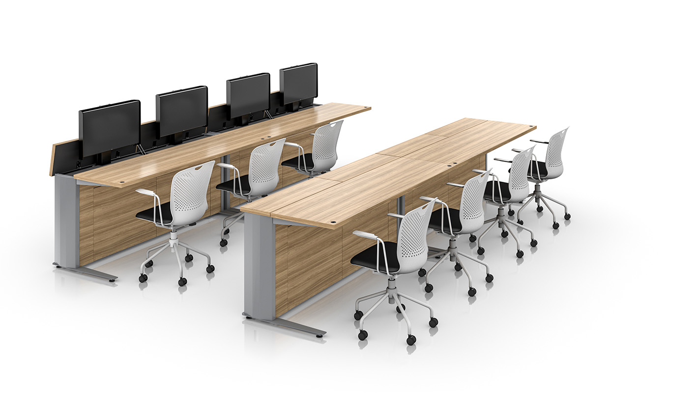 Double-user Zori Monitor Lift tables in rows against white background 