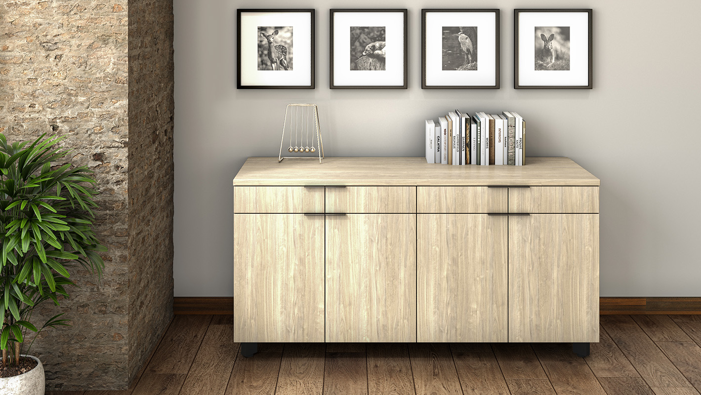 Impression credenza against a wall with sleek pulls. 