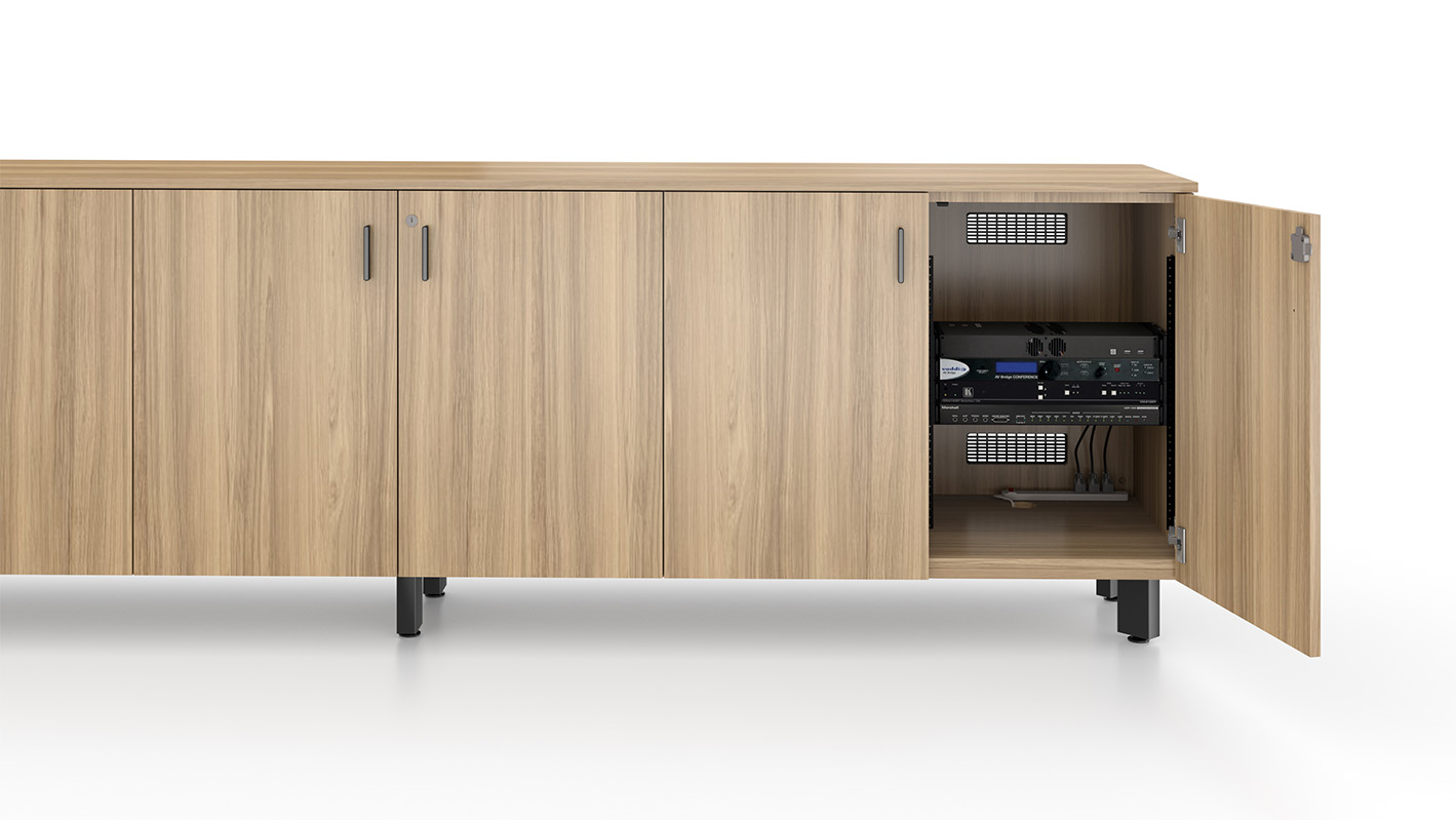 Impression credenza with AV racks on white background. 