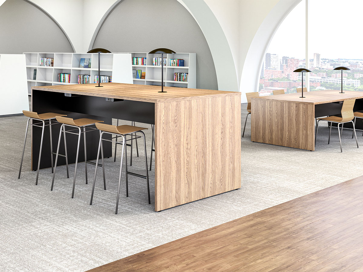 Landing table with accent lights in a library. 