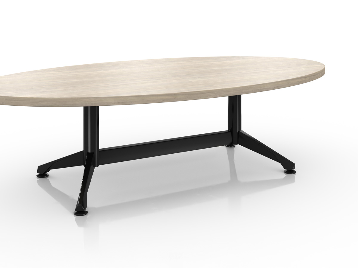 Zori coffee table with ellipse top and black base.