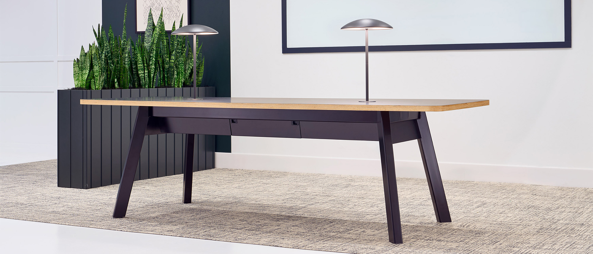 Alkalign table in a conference room with a planter.