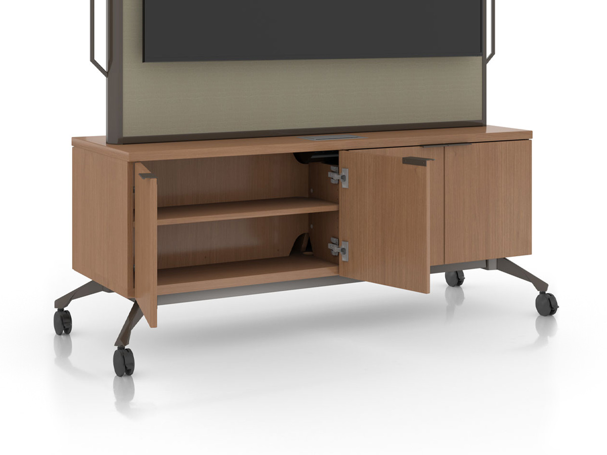 Zori Mobile Monitor Stand integrated storage cabinet.
