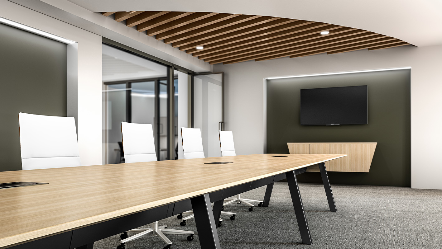 Wall-Mounted Tapered Credenza with Alkalign Conference table