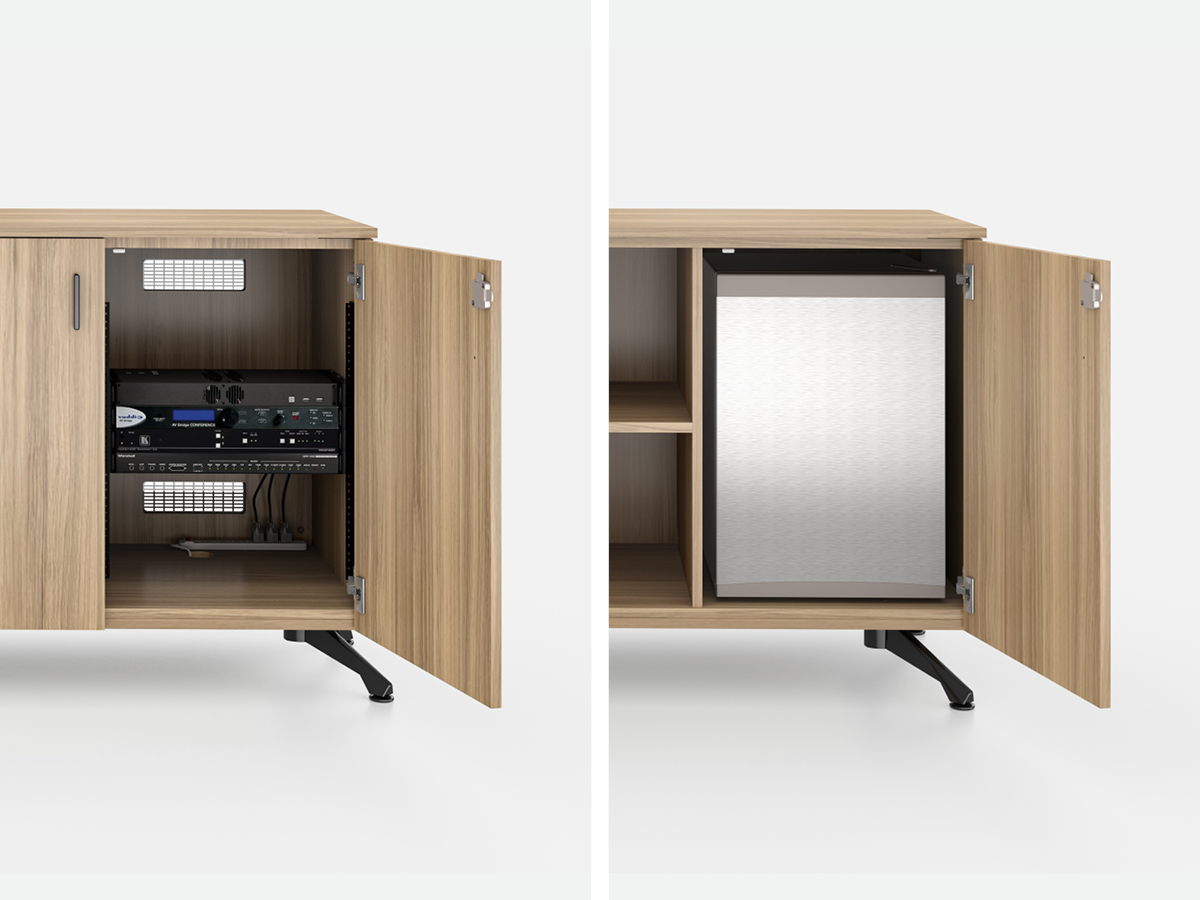 Zori credenzas featuring rack rails and refrigerator.