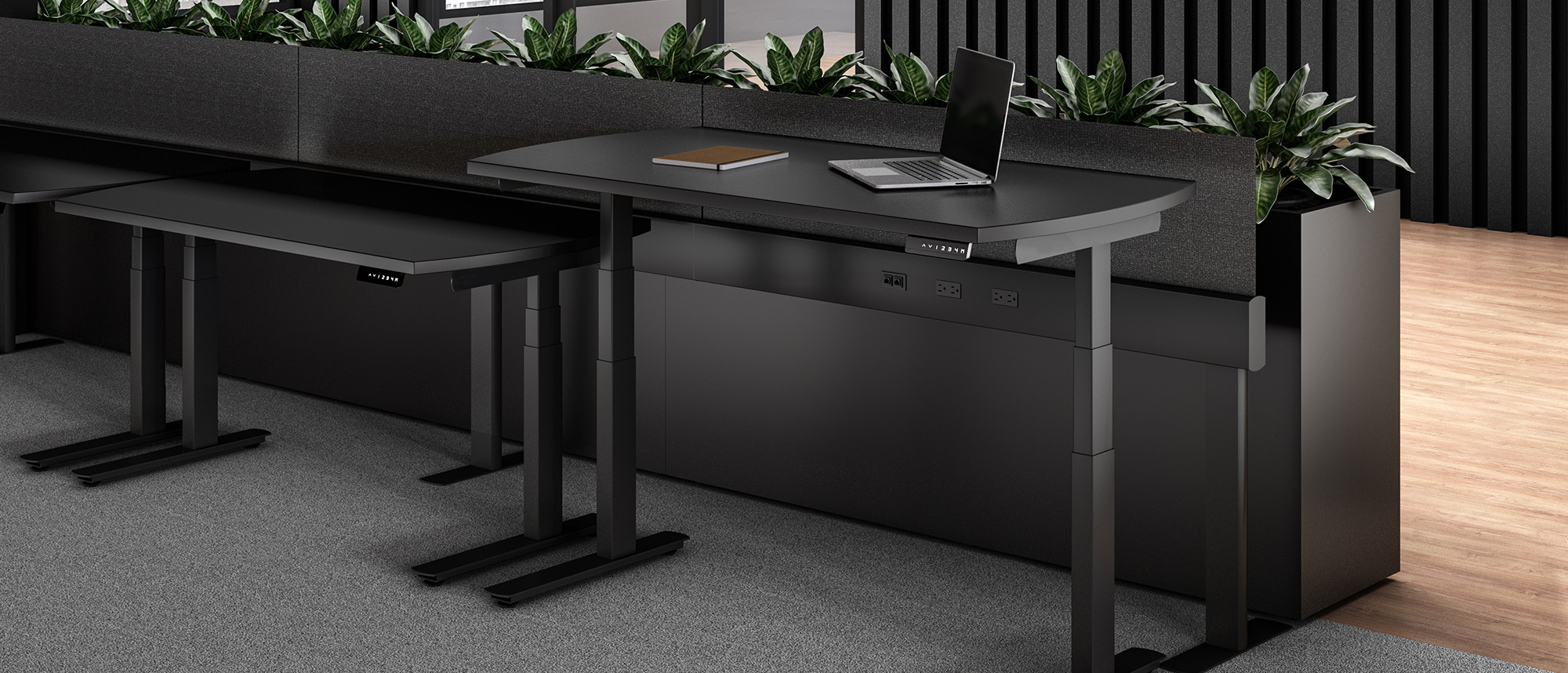 Jet Height-Adjustable Desks against Terra Planter in office space
