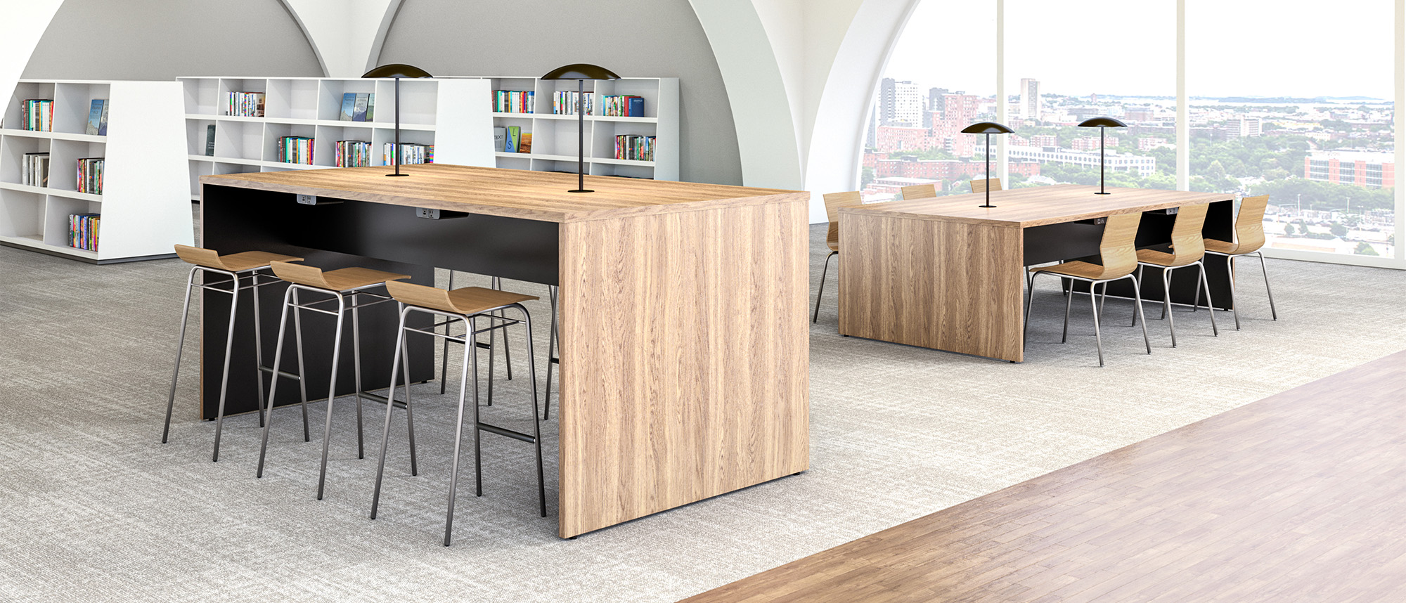 Landing Tables with Accent Lights in library