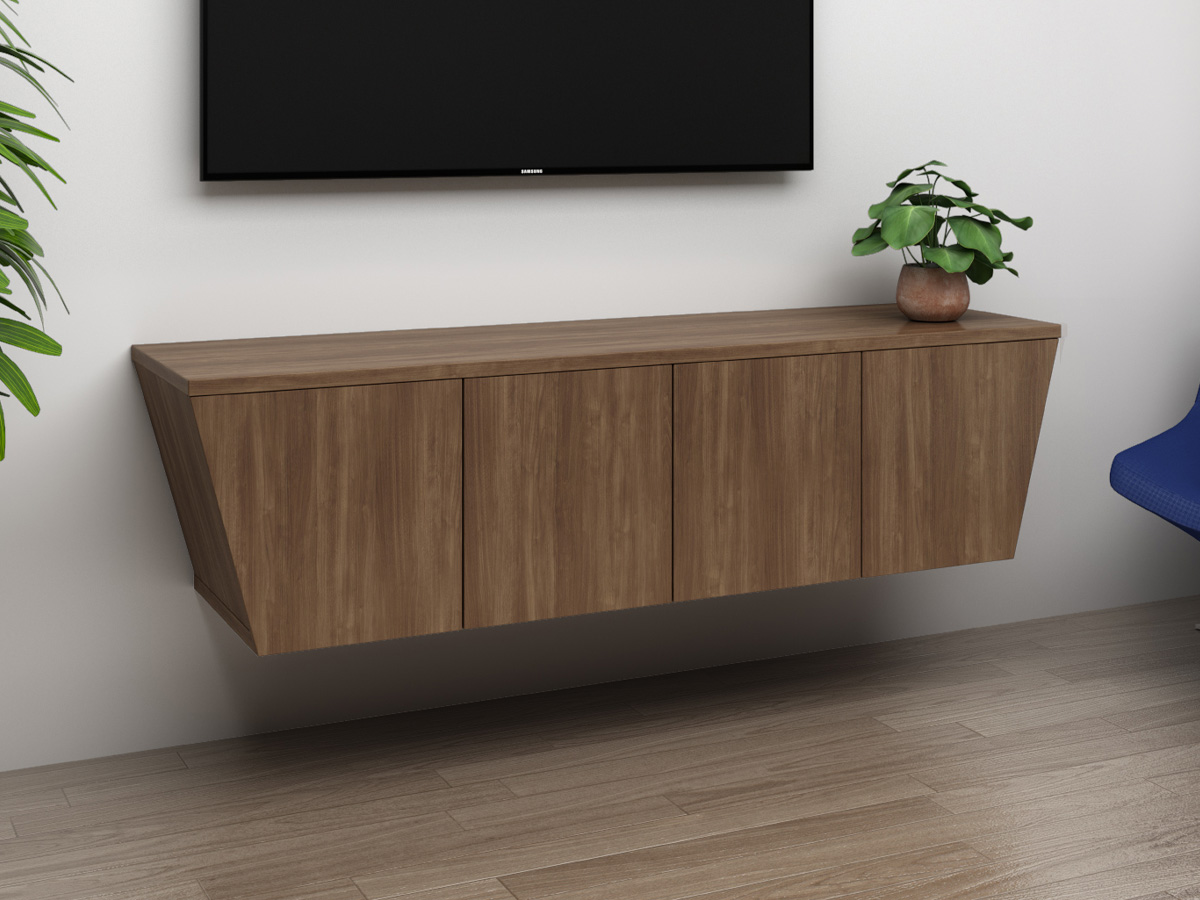 Wall-mounted tapered credenza beneath monitor for video-sharing.