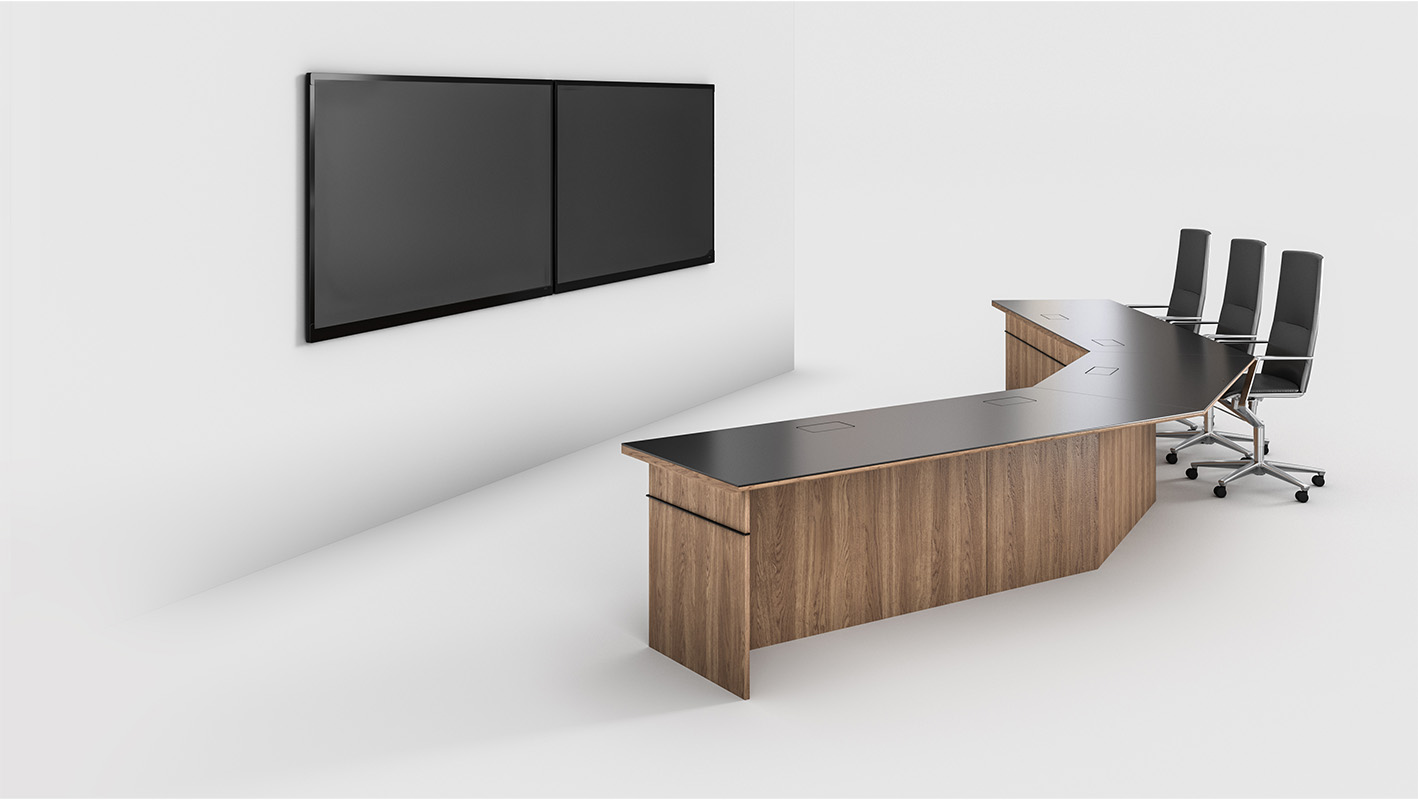 VOU 120-degree V-Shaped conference table in videosharing application against white background
