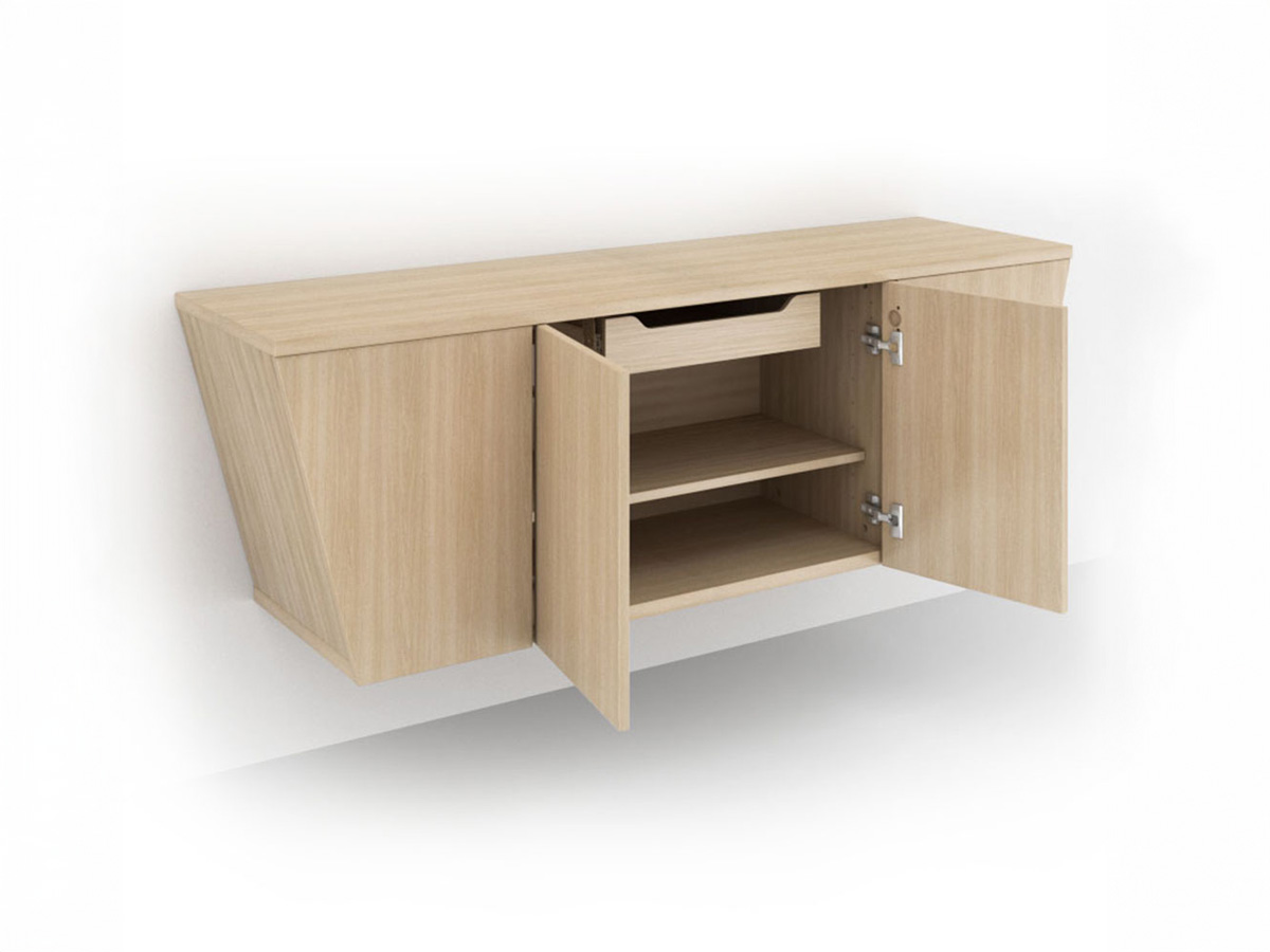 Wall-mounted tapered credenza internal drawers.
