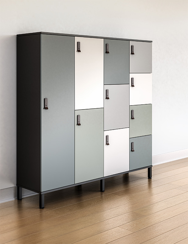 Universal Lockers with custom laminate combination against wall