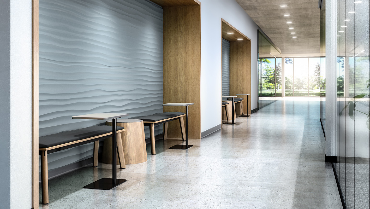 Universal Laptop Table in hallway with Ligouri Benches and Oh Hey occasional tables