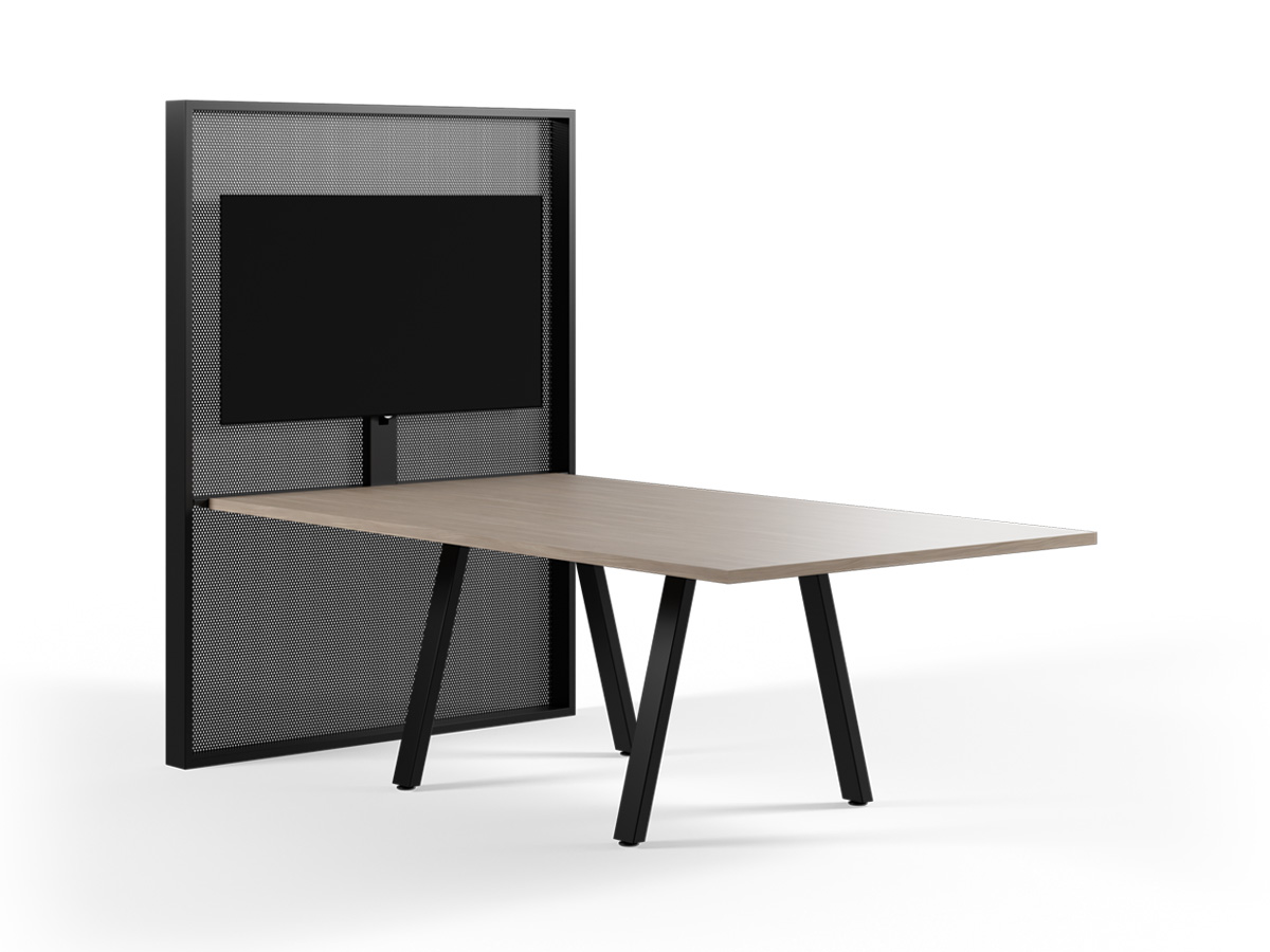 Universal Monitor Mast and mount paired with Sawhorse table.