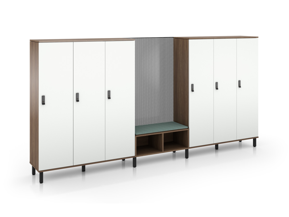Universal Lockers with cubby and perforated metal backer.