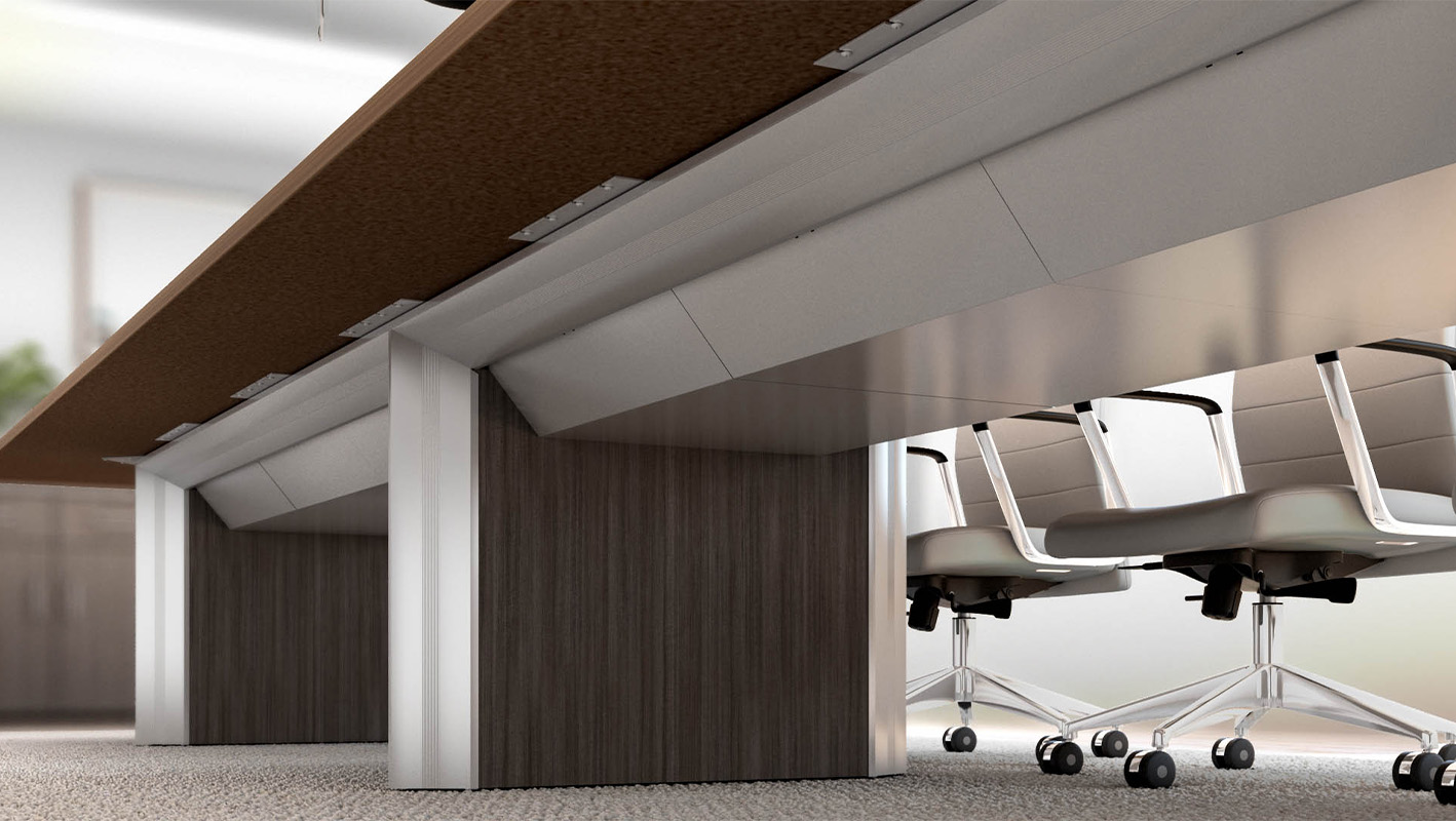 Stealth conference table closeup in conference room