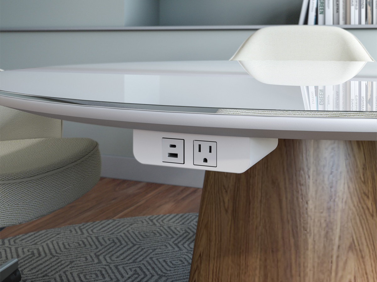 Satellite angled power unit shown with Foundation Tapered Drum round table.