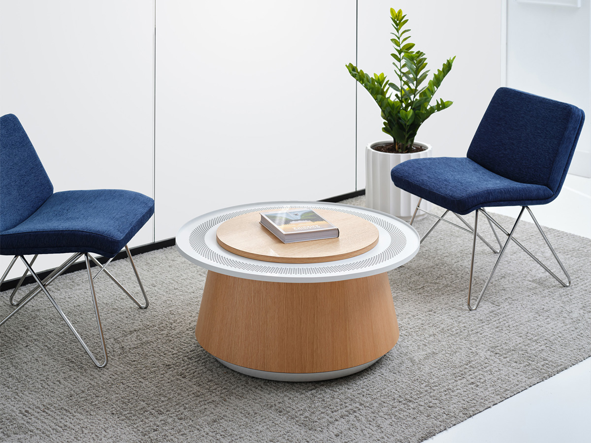Oh Hey! tapered round table with perforated metal shelf.