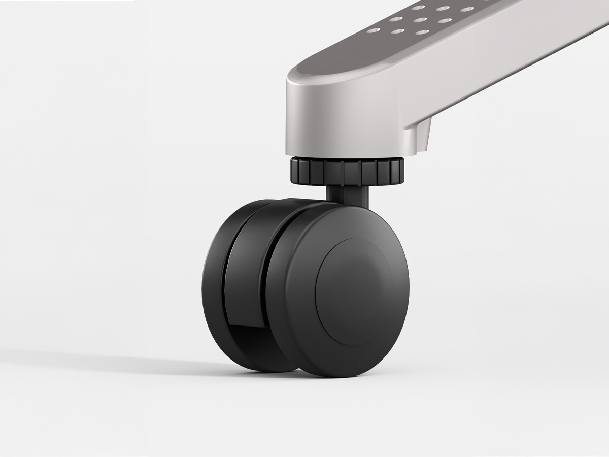 Quantum table height-adjustable rear caster detail.