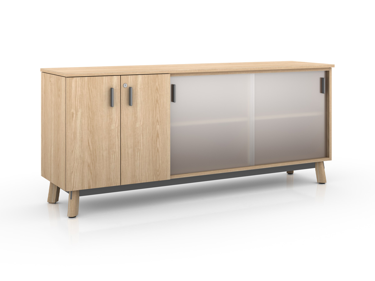 Ligouri credenza with hinged and sliding doors on white background.