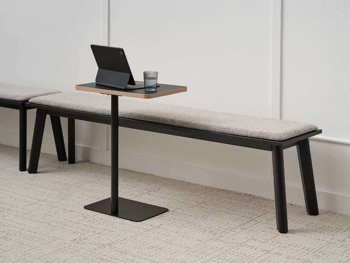 Ligouri bench with cushion paired with a Universal Laptop Table.