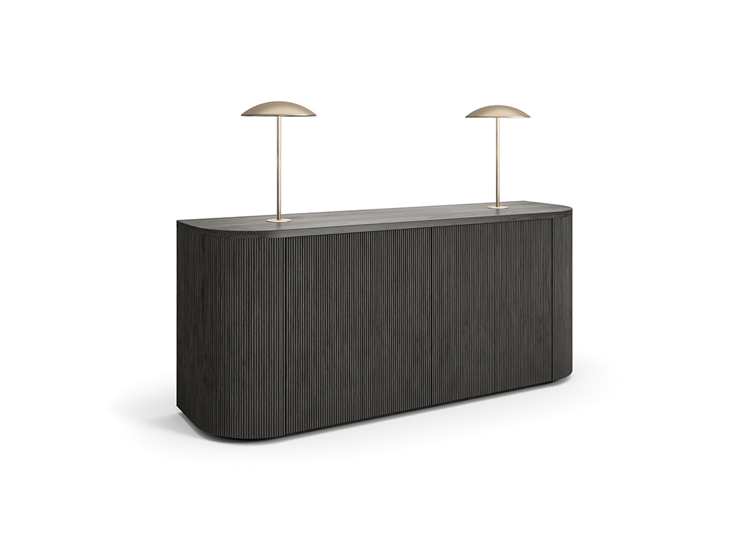 Luna credenza with accent lights on white background.