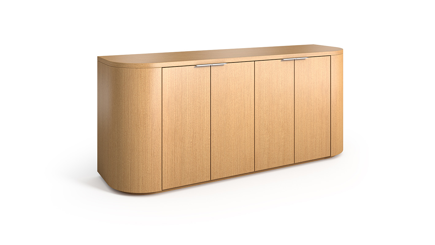 Luna credenza in Scandi Rift Oak laminate on white background.