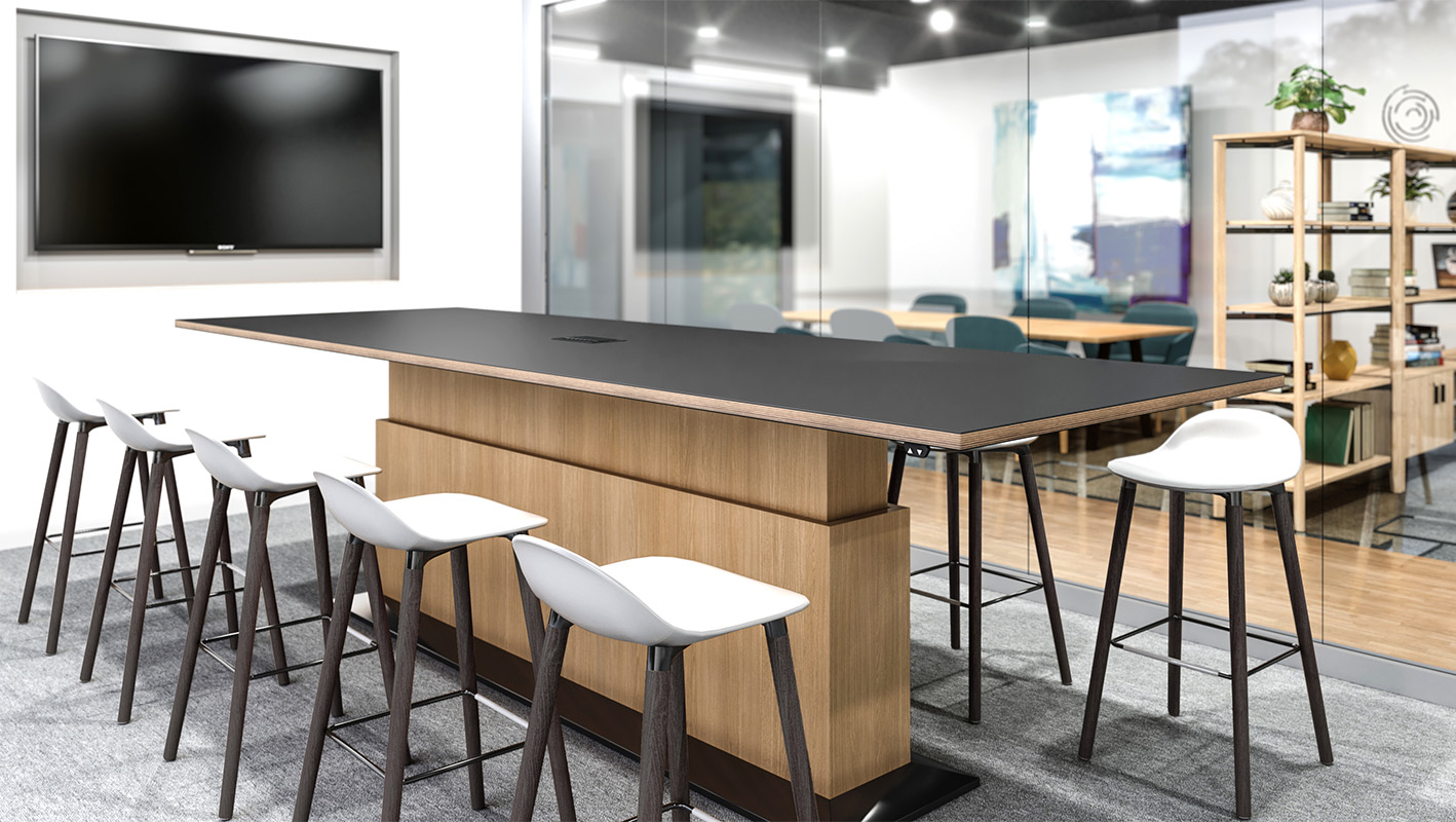 Height-adjustable Lugano table in video-sharing space.