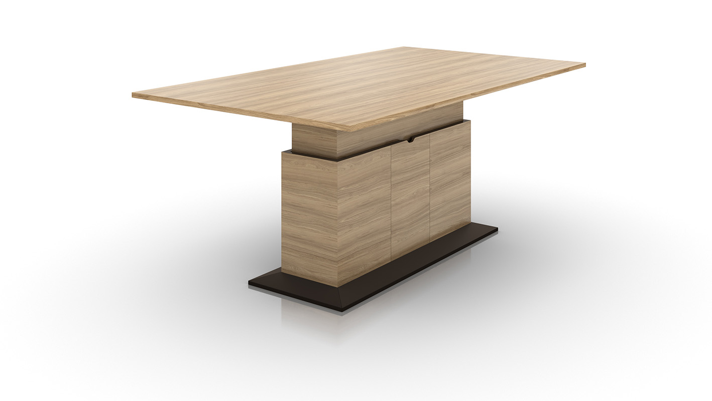 Height-adjustable Lugano table shown in Kingswood Walnut laminate.
