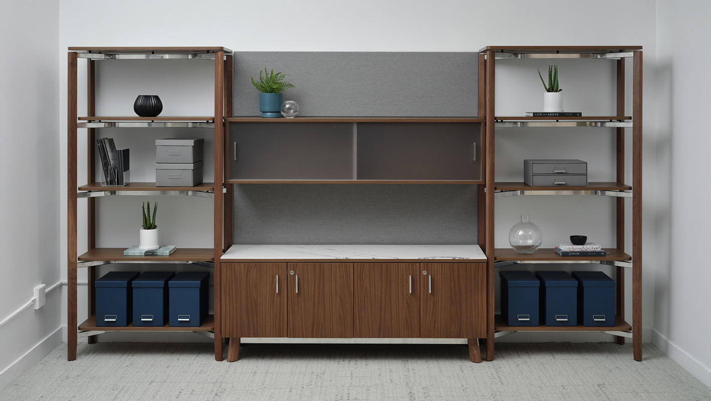 Ligouri shelving unit with integrated credenza.